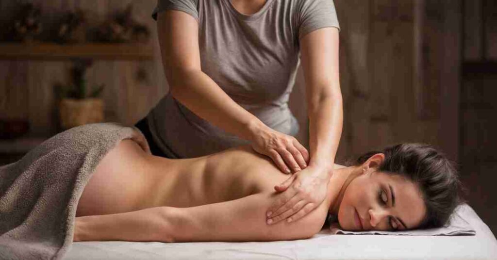 Masajista aplicando un masaje en la espalda a una mujer embarazada.