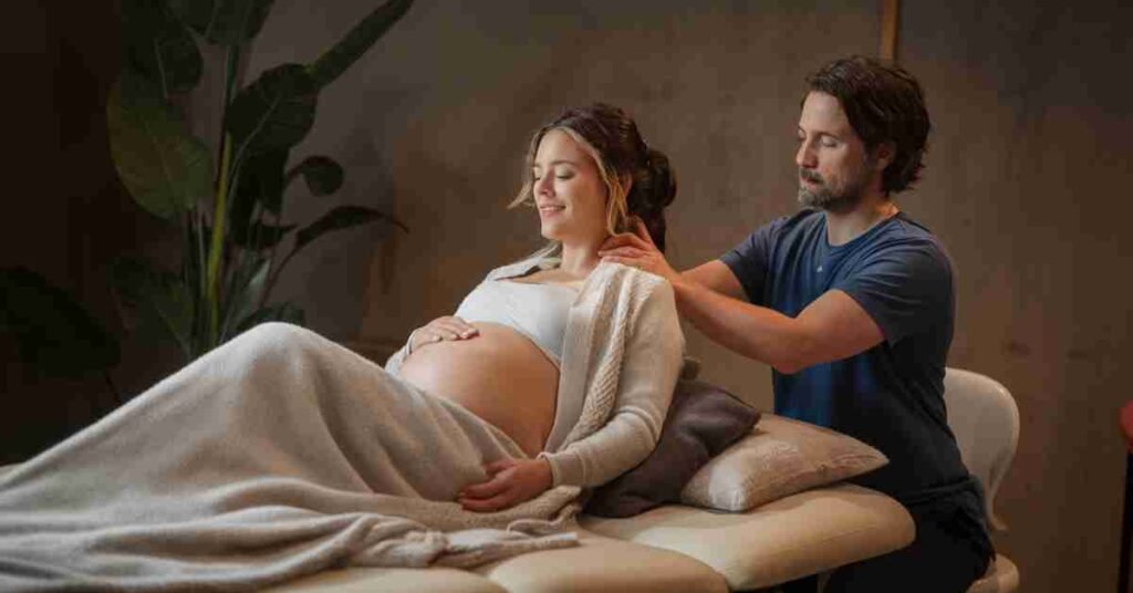 Mujer embarazada recibiendo un masaje relajante en una camilla.